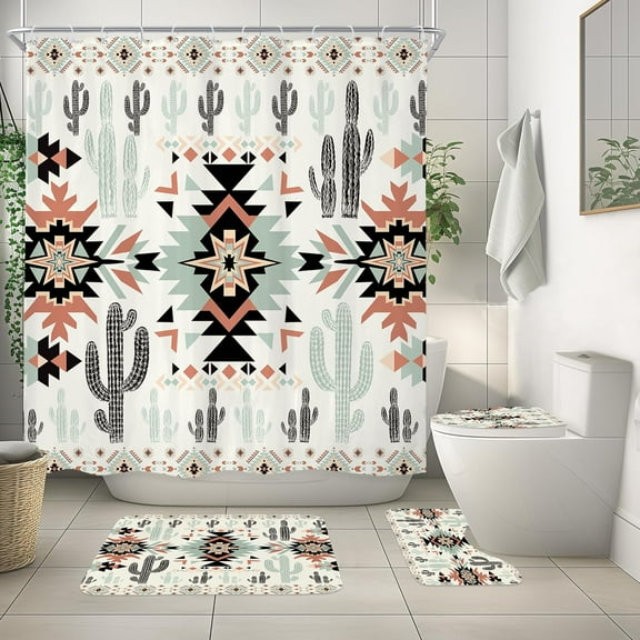 Western Aztec Cactus Shower Curtain Set with Non-Slip Rugs, Toilet Lid Cover and Bath Mat, Southwestern Tribal Geometric Ethnic Shower Curtain with 12 Hooks, Boho Curtain for Bathroom Decor