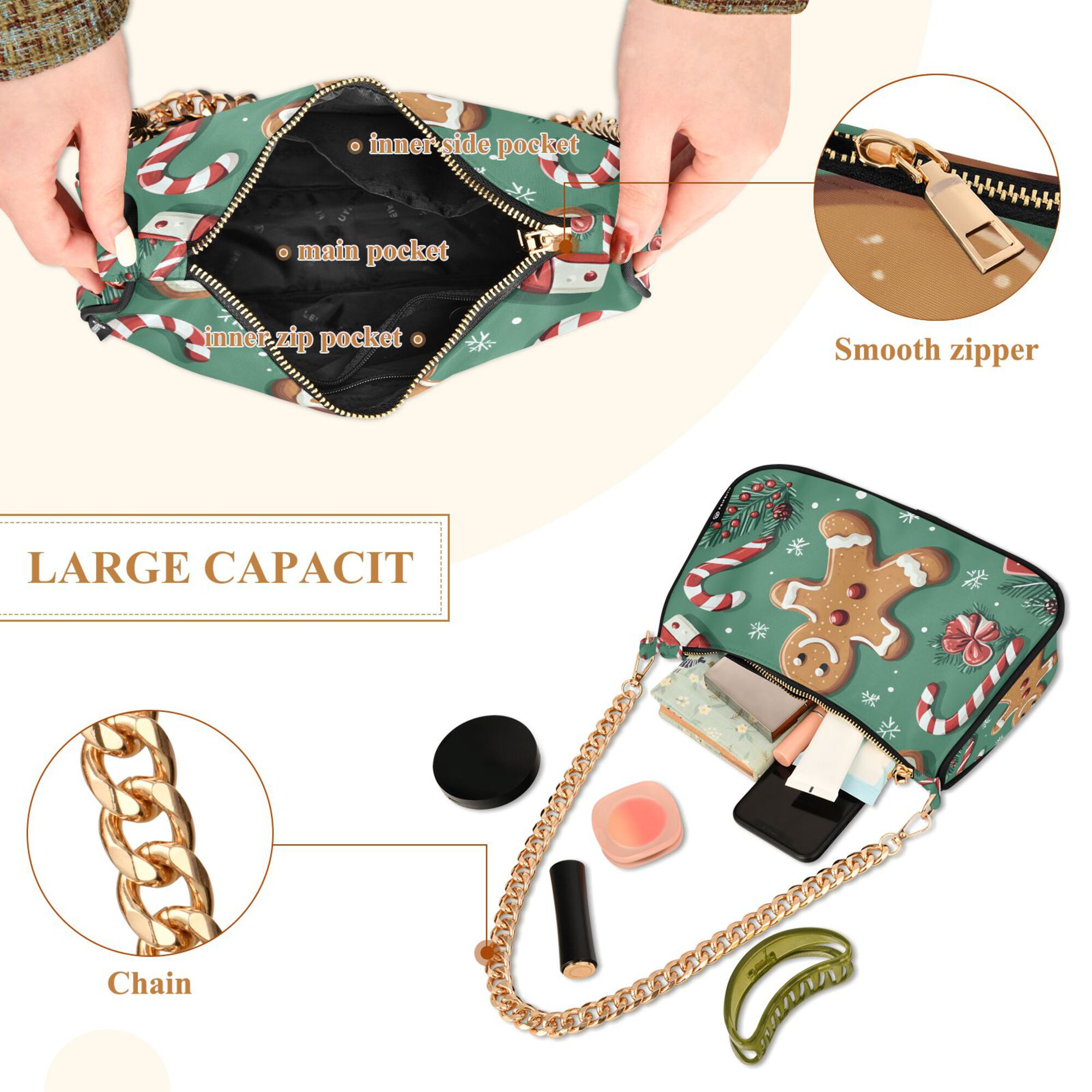 FORMRS Womens Shoulder Bag with Chain Strap Clutch Purse Cute Tote Handbag, Christmas Gingerbread
