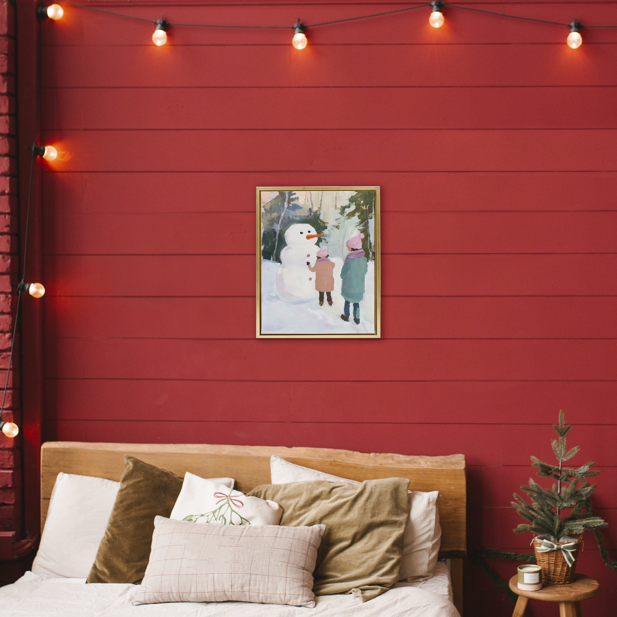 Stupell Industries Two Girls With Snowman Gold Framed Floater Canvas Wall Art, design by The Prints Vibe