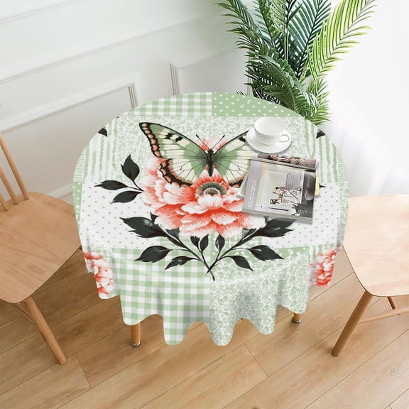 RKSupls 60 Inch Round Tablecloth, Butterfly Peony Patchwork Premium Polyester Straight Edge Wrinkle Resistant Washable Table Cover for Party Home Dining Decor