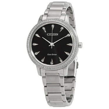 Citizen Eco-Drive Crystal Black Dial Stainless Steel Ladies Watch FE7040-53E