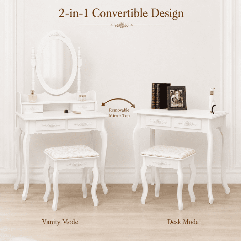 Ktaxon Vanity Set with Mirror and Chair, White, 4 Drawers, Rotated