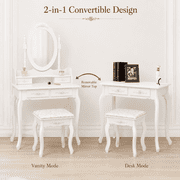 Ktaxon 2-1 Elegance White Dressing Table Vanity Table and Stool Set Wood Makeup Desk with 4 Drawers & Mirror