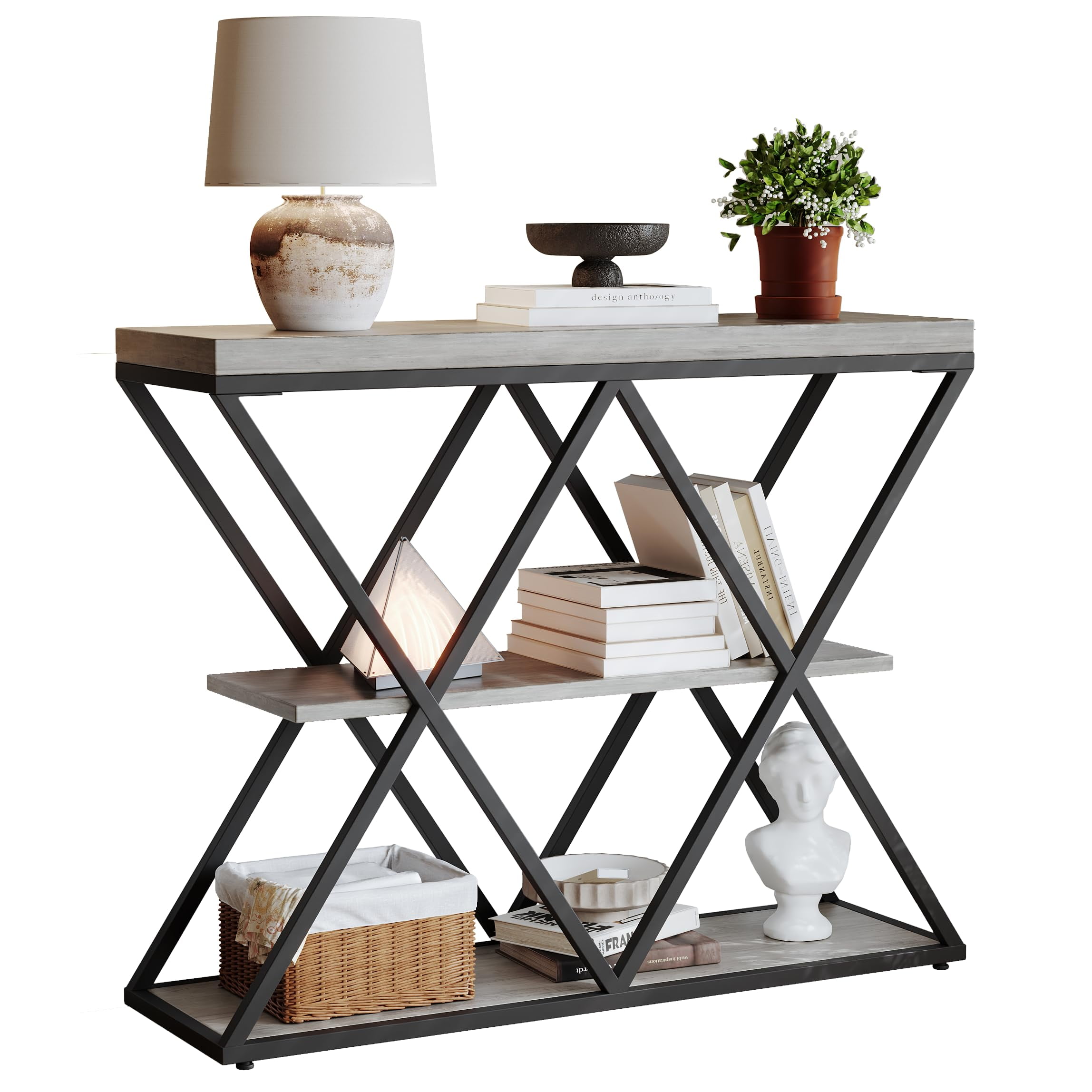 3-Tier Industrial Entryway Console Table - X-Shaped Metal Frame & Open Storage Shelves, Ideal Hallway Accent Table