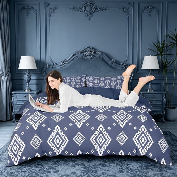 jejeloiu Aztec Geometric Duvet Cover Queen For Men Women,Boho Diamond Queen Bedding,Navy White,Navy Blue Reversible,3-Piece,1 Duvet Cover and 2 Pillowcases