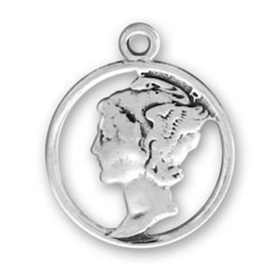 Sterling Silver 16" .8mm Box Chain 3D Imitation Cutout Mercury Head Dime Pendant Necklace