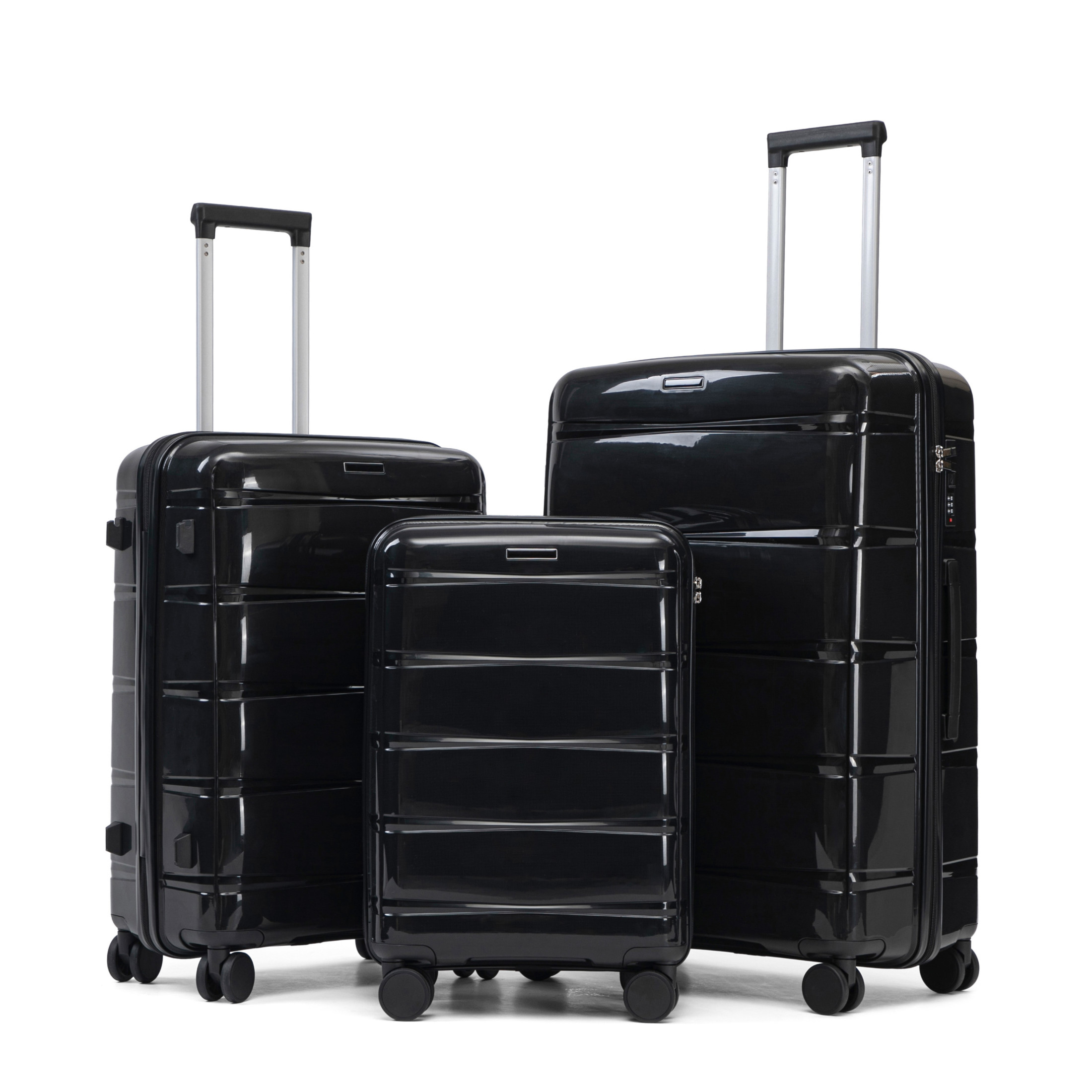 GDF Studio 3-Piece 20"/24"/28" PP Hardshell Travel Luggage Set with Spinner Wheels & Combination Lock, Black
