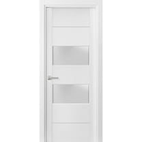 Solid French Pre-Hung Door Frosted Glass 2 lites | Lucia 4010 White Silk | Single Regular Panel Frame Trims Handle | Bathroom Bedroom Sturdy Doors -18" x 84"