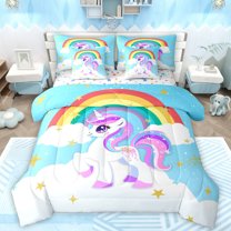 Manfei Purple White Unicorn 7-Piece Bedding Comforter Set,Fairy Tale Theme King Bedding Sets,Cute Cartoon Animal Bed Sheets For Teens,Microfiber Bedroom Decor Reversible