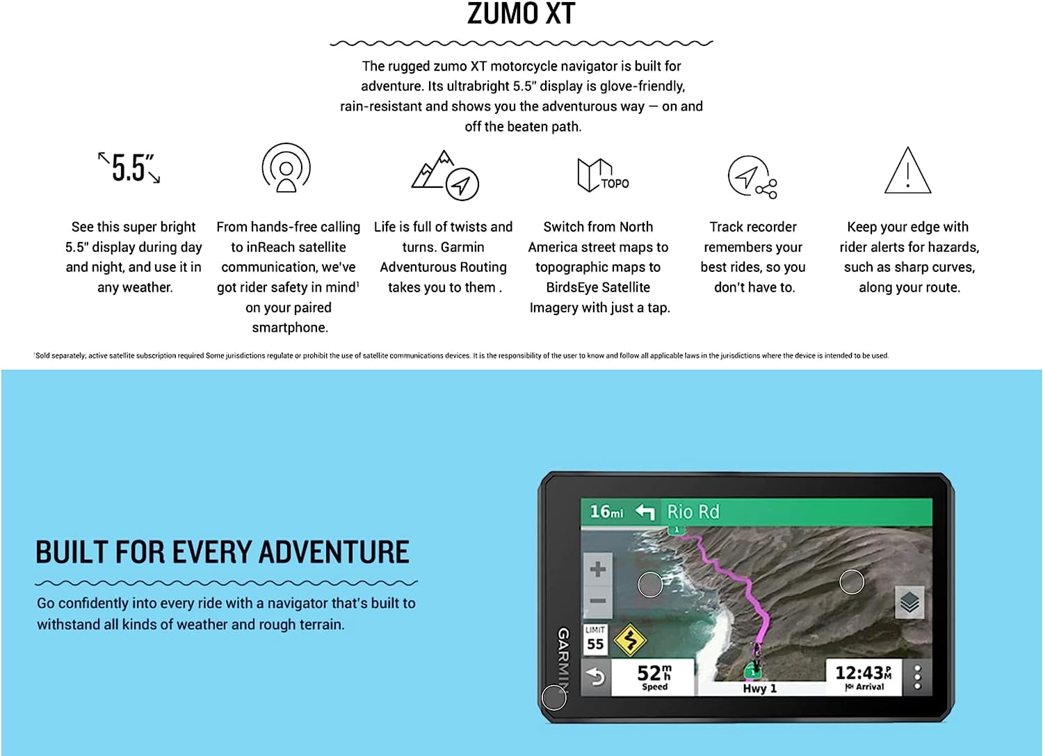 Garmin Zumo XT, dispositivo de navegación GPS para motocicleta todo  terreno, pantalla ultrabrillante y resistente a la lluvia de 5.5 pulgadas  con