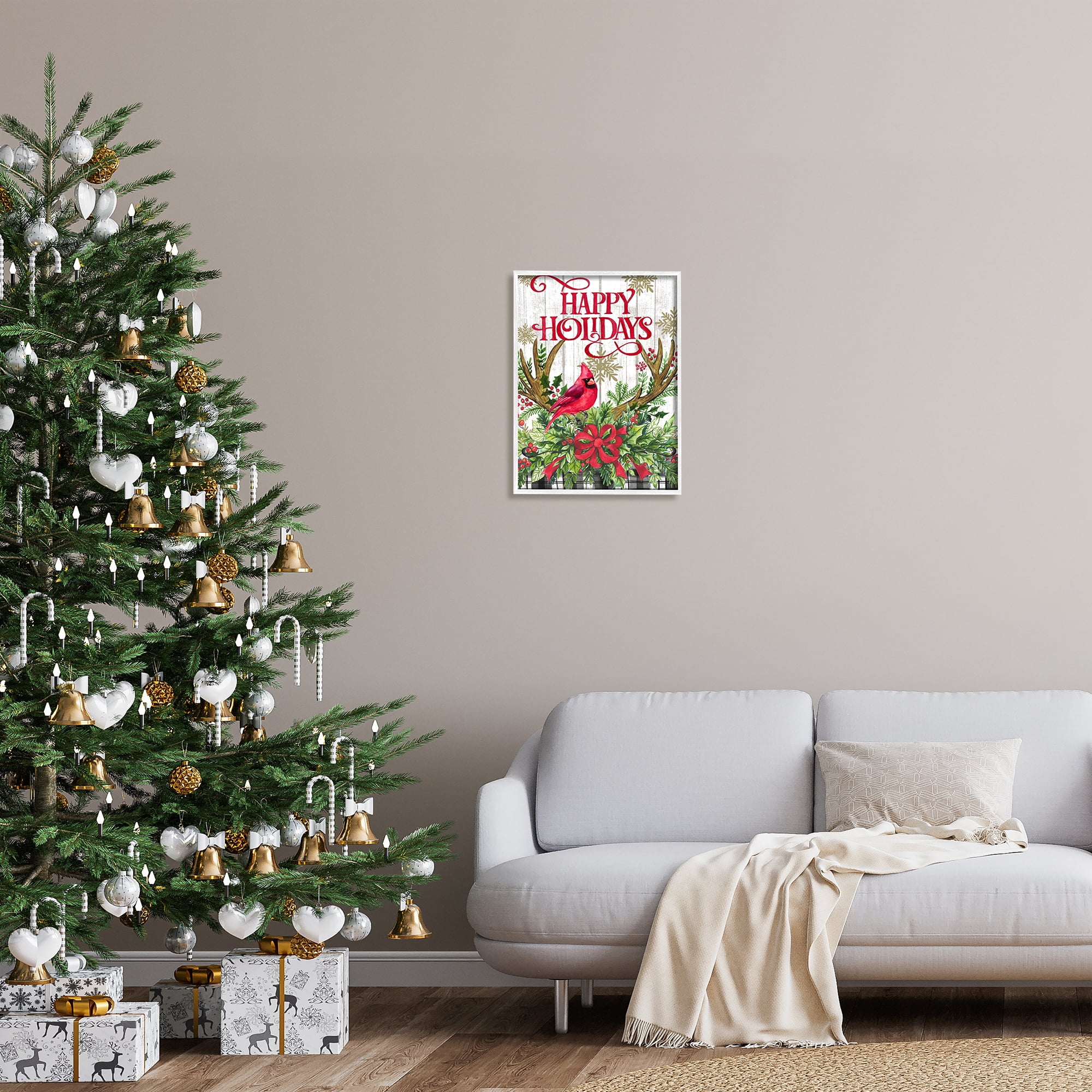 Stupell Industries Happy Holidays Cardinal Holiday Painting White Framed Art Print Wall Art, 16 x 20