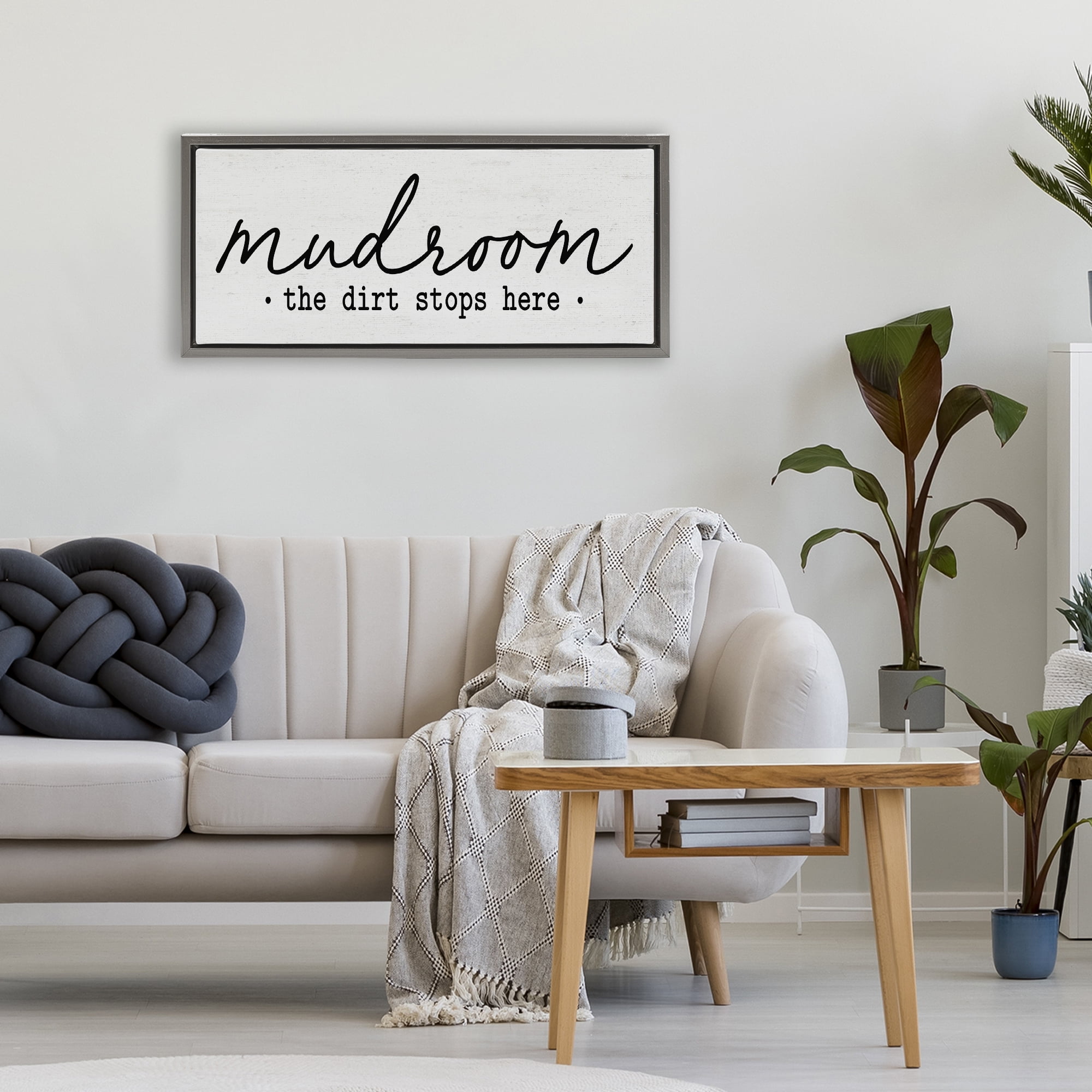 Mudroom Script Dirt Stops Here Gray Framed Floater Canvas Wall Art, design by Lettered and Lined