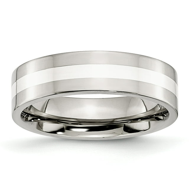 Stainless Steel Sterling Silver Inlay Flat 6mm Polished Band Size 6.5