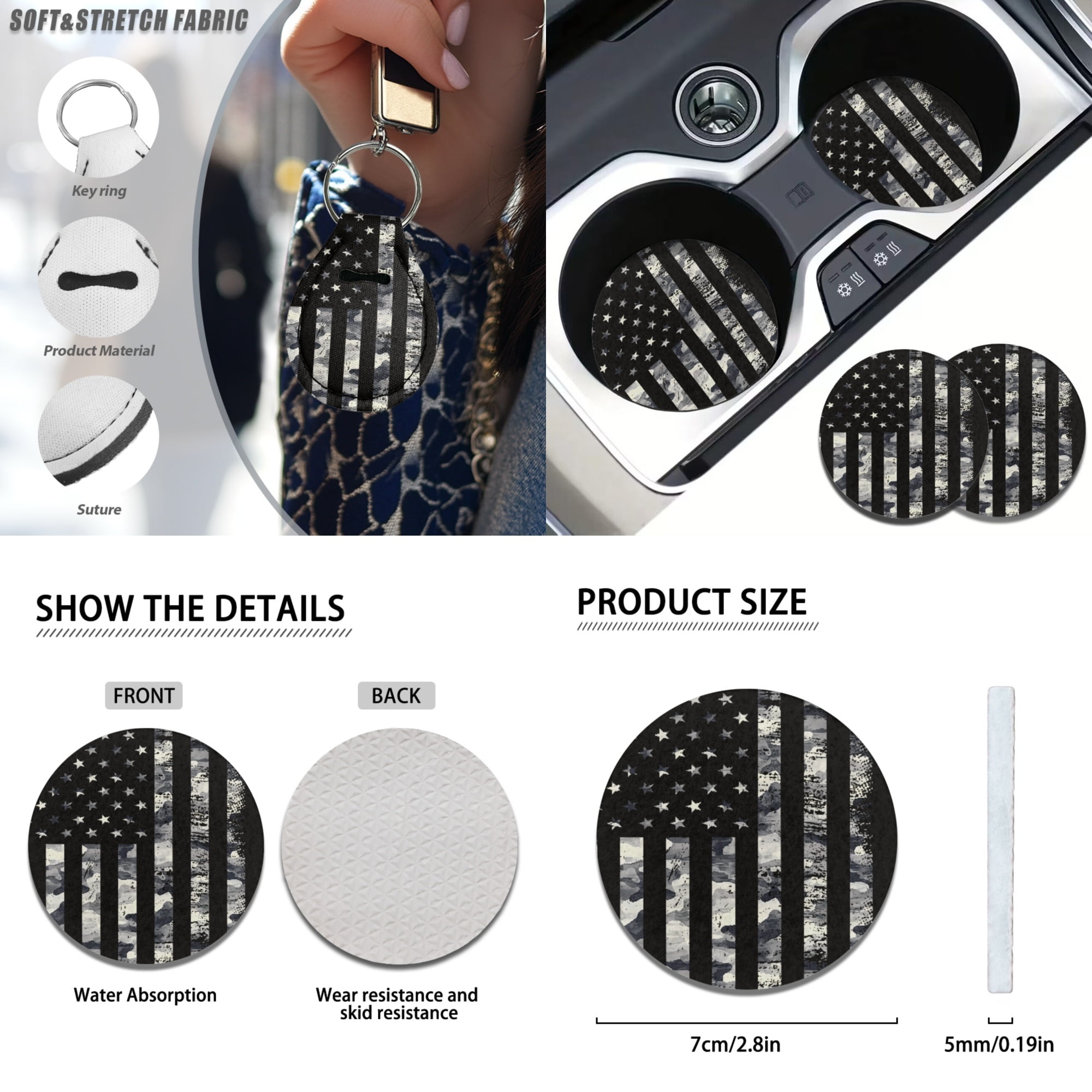 Jeiento American Flag 17 Pcs Car Seat Covers Full Sets for Women Men, Car Floor Mats with Steering Wheel Cover Armrest Cover Seatbelt Covers Cup Coaster Lipstick Keychain, 4Th of July Decor