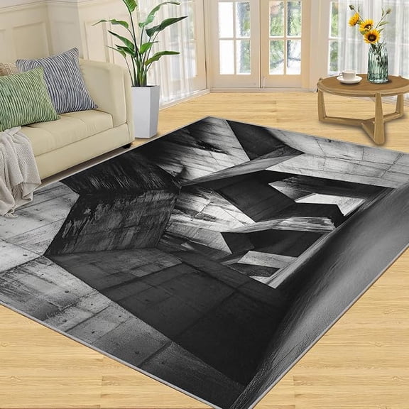 Black and Grey Rug 3D Geometry Rugs for Living Room, Modern Abstract Carpet, Non Slip & Washable Rugs for Bedroom, Carpet & Home Decor 1x2ft