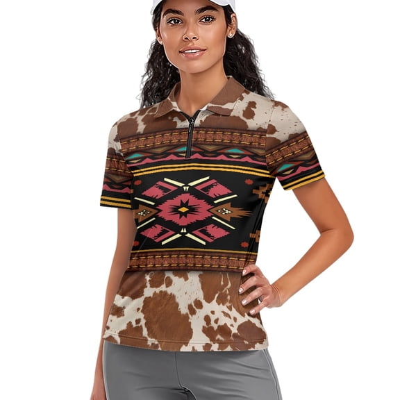 Whosucclay Cowhide Geometric Pattern Quick Dry Golf Polo Tops for Tennis Sport Athletic, Elastic Women Short Sleeve Golf Shirts Stretch Polyester Polo Shirts Size X-Large