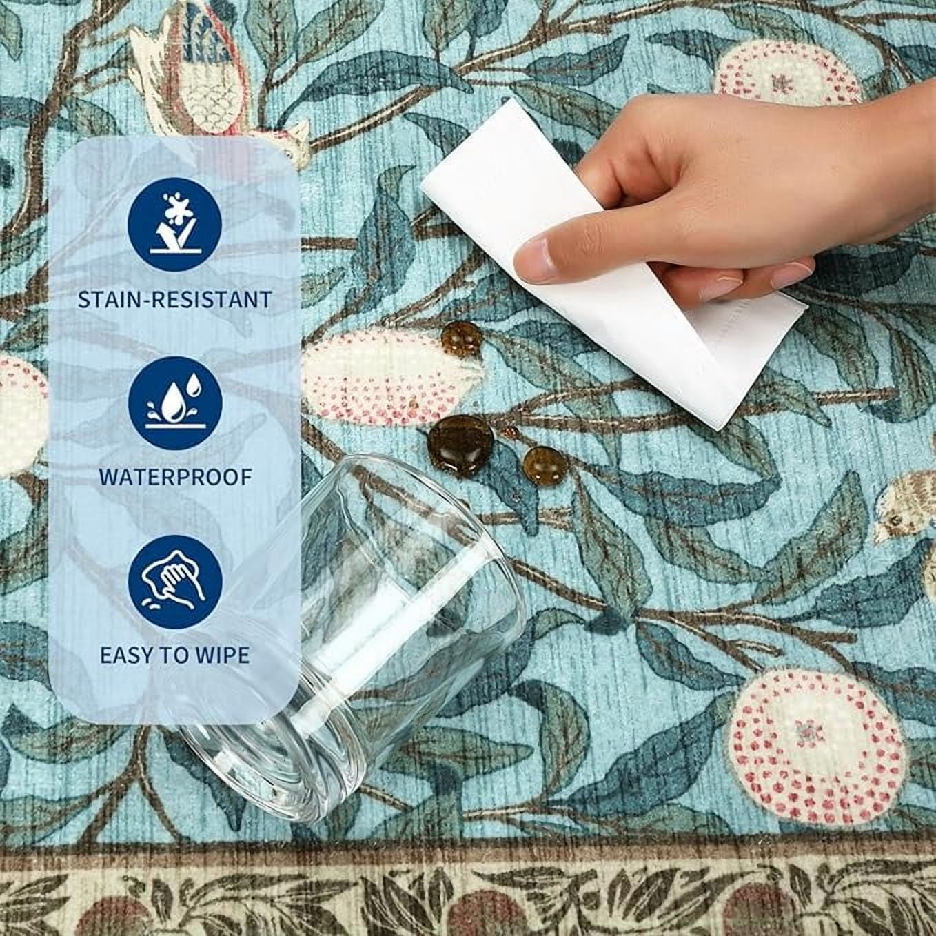 9x12 Botanical Print Washable Rugs Ultra Thin Non Slip Large Area Rug for Bedroom Living Room Ultra Thin Lightweight Cute Throw Carpet for Dining Room Table Classroom Playroom, Light blue