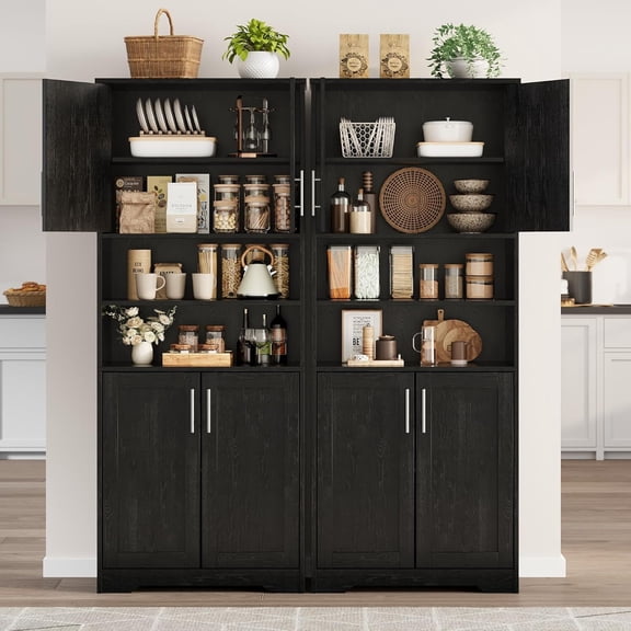 EastVita Bathroom Cabinet Farmhouse Storage Cabinet with Glass Doors and Adjustable Shelves Freestanding Kitchen Pantry Cabinet Cupboard for Living Room Dining Room Black 67 H