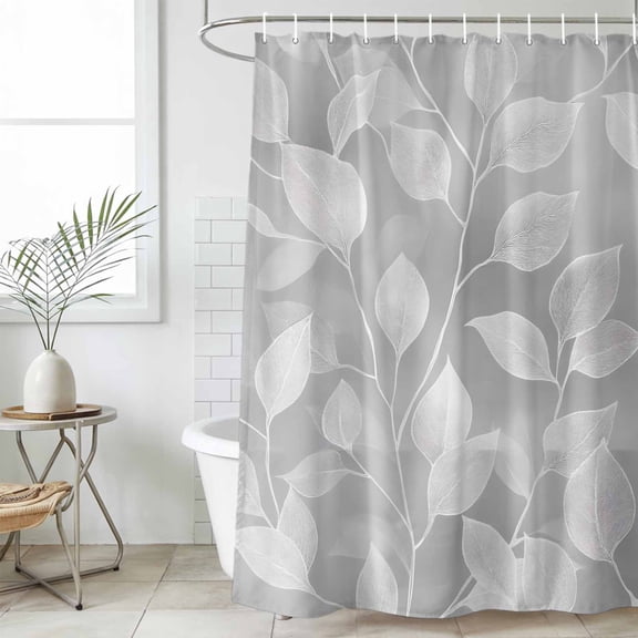 Silver Gray Leaves Small Stall Shower Curtain, Waterproof Shower Curtains for Bathroom, Vintage Abstract Branch Botanical Washable Fabric Cloth Bath Curtain for Bathtub with Hooks 36x72 Inches