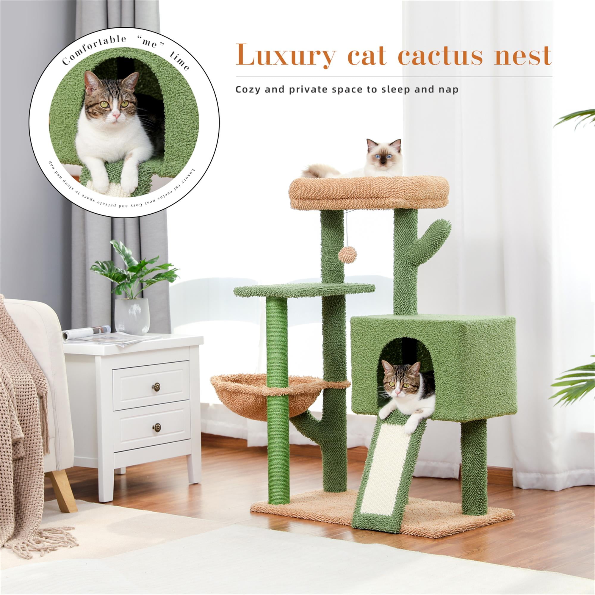 resenkos 41" Cute Cactus Cat Tower Cat Tree with Cozy Condo for Indoor Cats, Cat Climbing Stand with Soft Hammock, Green
