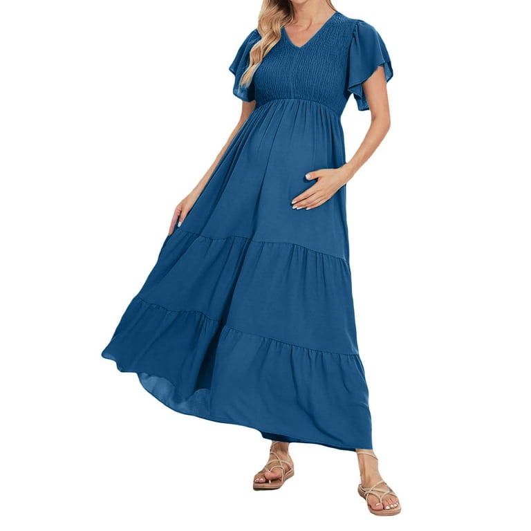 Fshinging Formal Dresses For Women Maternity Summer Short Sleeve Loose  Swing Solid Color Elastic Long Skirt Holiday Dress - Walmart.com