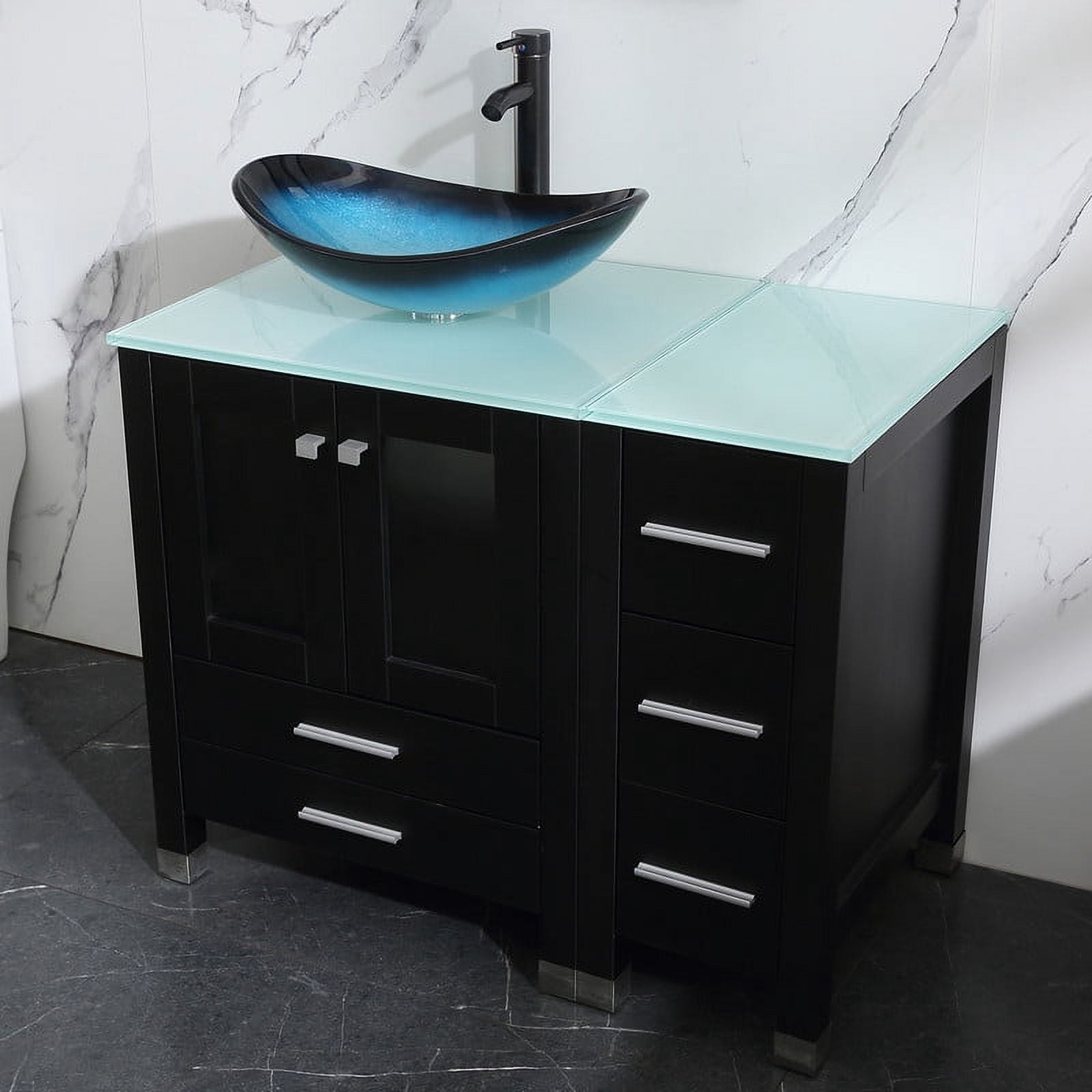 Walsport 36" Luxurious Bathroom Vanity with Blue Tempered Glass Vessel Sink Bowl and Countertop and Mirror and Faucet,Stand Floor Cabinet Bathroom Storage Vanity with Pop Up Drain,Black