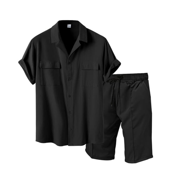 100% Cotton Two Piece Sets for Men Summer Vacation Beach Set Casual Short Sleeve Shirt and Drawstring Elastic Waist Shorts with Pockets Black S