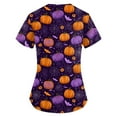 thumbnail image 3 of HaHaHappy Womens Halloween Scrubs Plus Size Short Sleeve Horror Bat and Pumpkin Printed Spooky Scrub Tops Funny V Neck Scrub Shirts Nurse Medical Workwear with Pockets Purple 2XL, 3 of 4