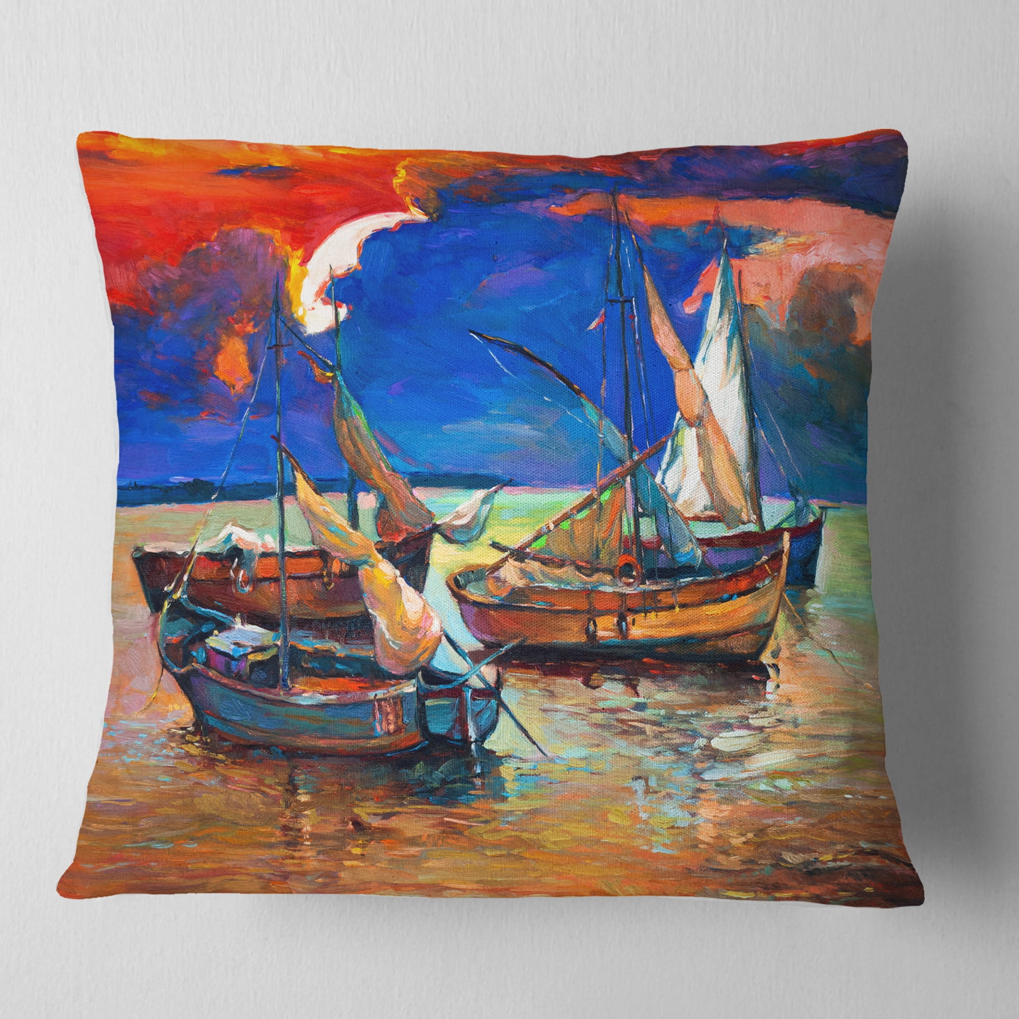 Designart Fishing Boats Under Blue Sky - Seascape Throw Pillow - 18x18