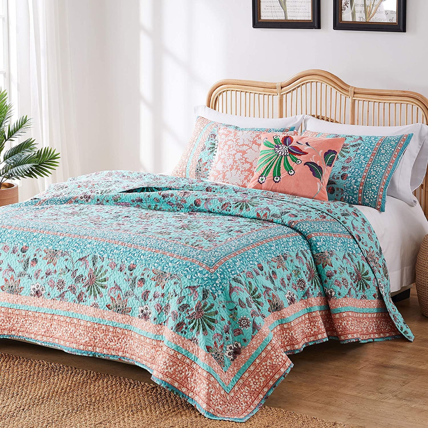 Barefoot Bungalow Audrey Vintage Floral Quilt Set, Reversibe, 3-Piece Full/Queen, Turquoise