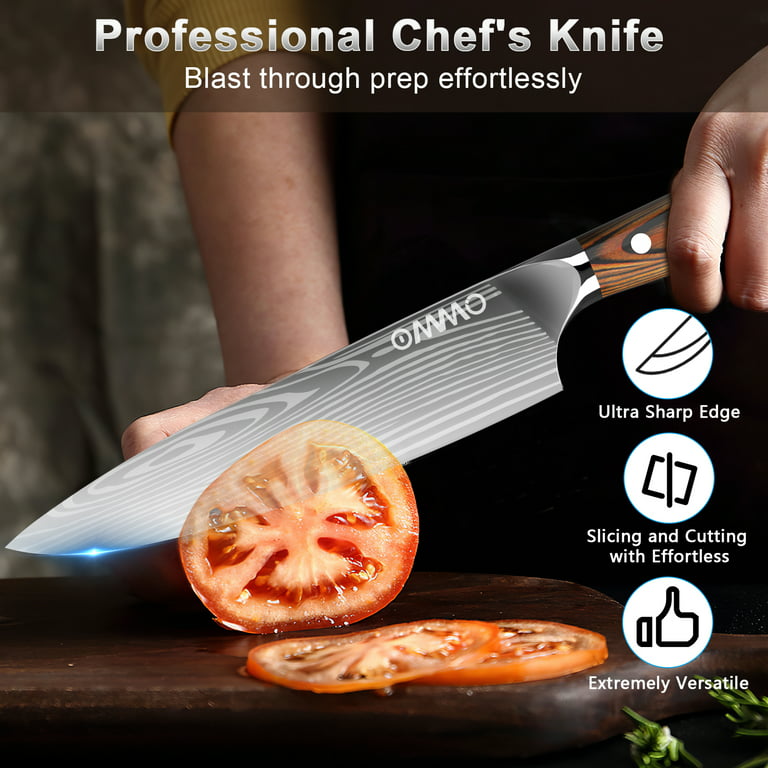 OMMO Chef Knife, 8 Inch High Carbon Stainless Steel Ultra Sharp  Professional Kitchen Knife with Ergonomic Handle, Included Sheath and Box 