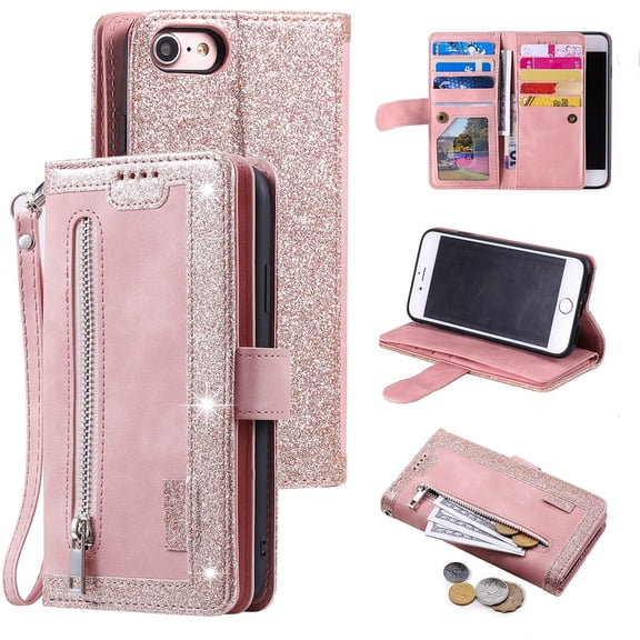 Wallet Case for iPhone SE(5G) 2022 iPhone 7 iPhone 8 iPhone SE 2020, Retro Matte 9 Card Holder Slots Zipper Pocket PU Leather Closure Kickstand with Wrist Strap Flip Case-Rose Gold