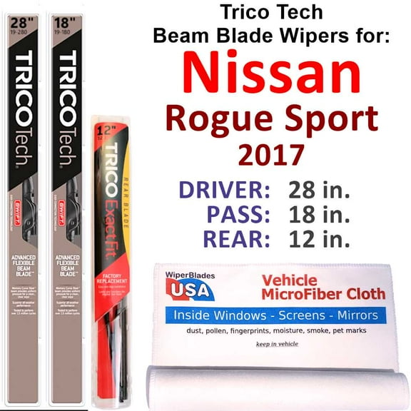 Beam Blade Wipers (Set of 3) w/Rear Wiper compatible with 2017 Nissan Rogue Sport