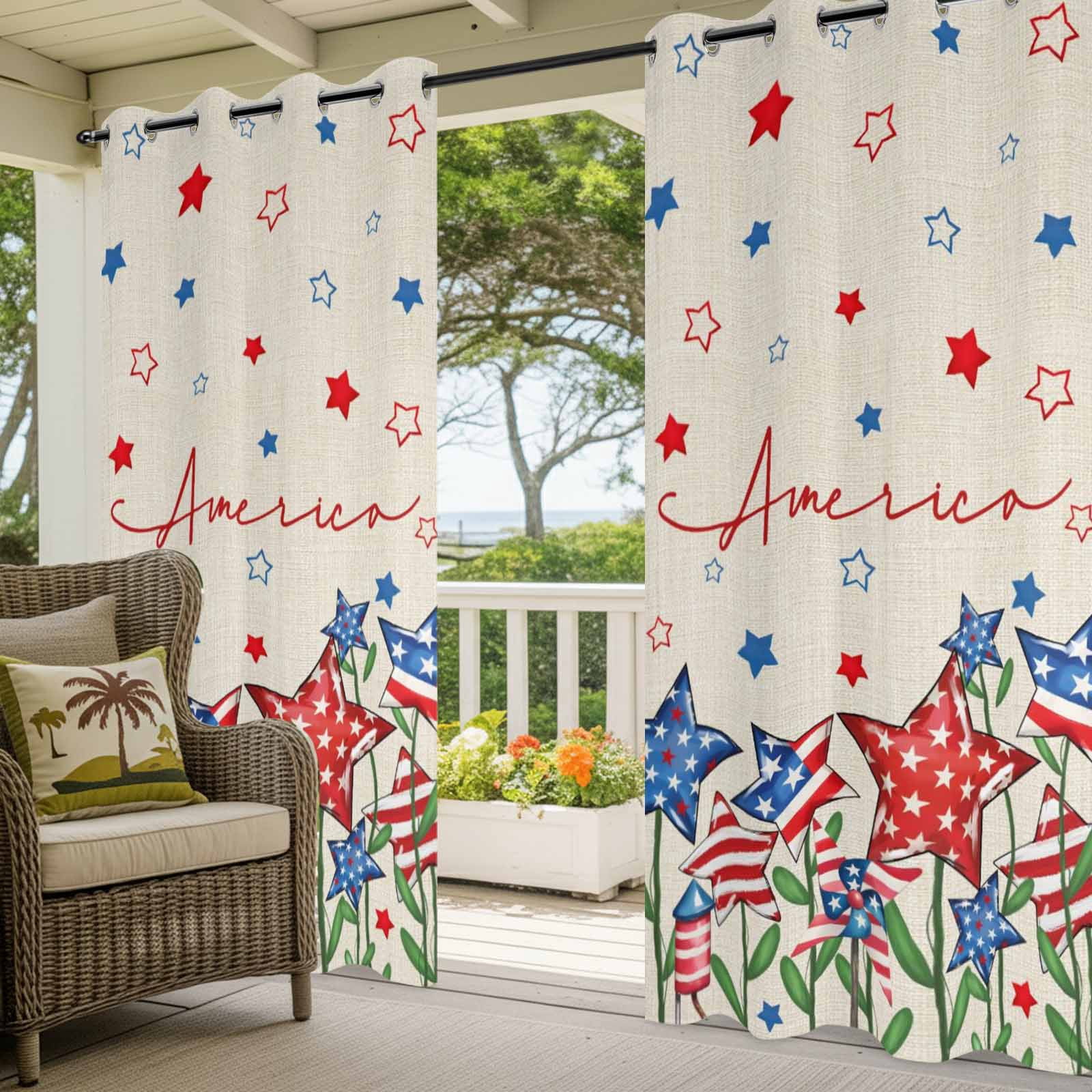 Independence Day Star Outdoor Curtains for Patio, Modern Blue Red American Stars Plant Linen Texture Sunshade Privacy Drapes Grommet Waterproof Outside Curtains for Porch Balcony 54"x95", 2 Panel