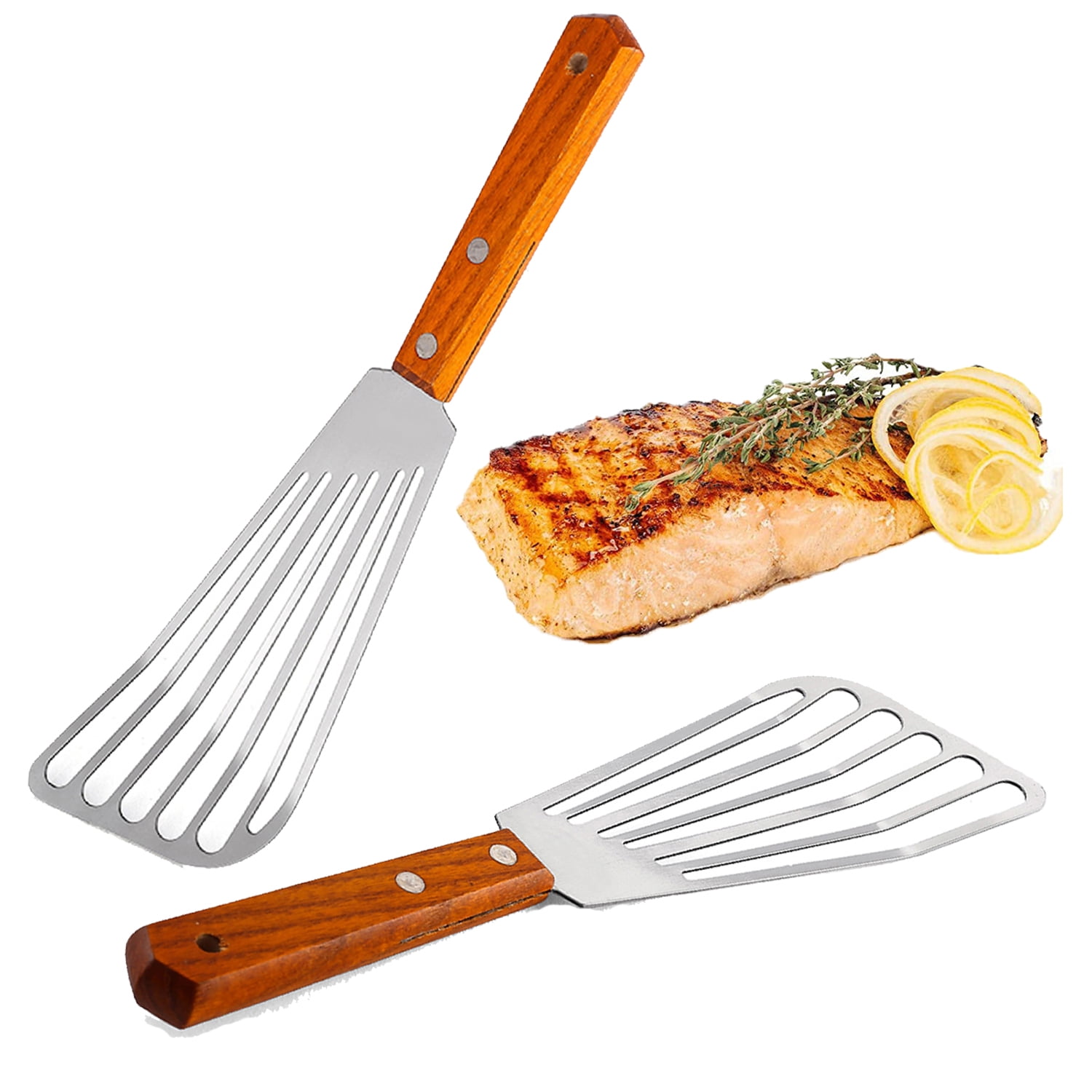 Visland 2PCS Stainless Fish Spatula, Wooden Handle Spatua , Easier For
