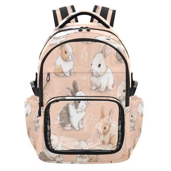 25L PVC Casual Backpack, Waterproof Large Capacity Backpack for Student Commute & Short Trips Sweet Cute Rabbit Illustration