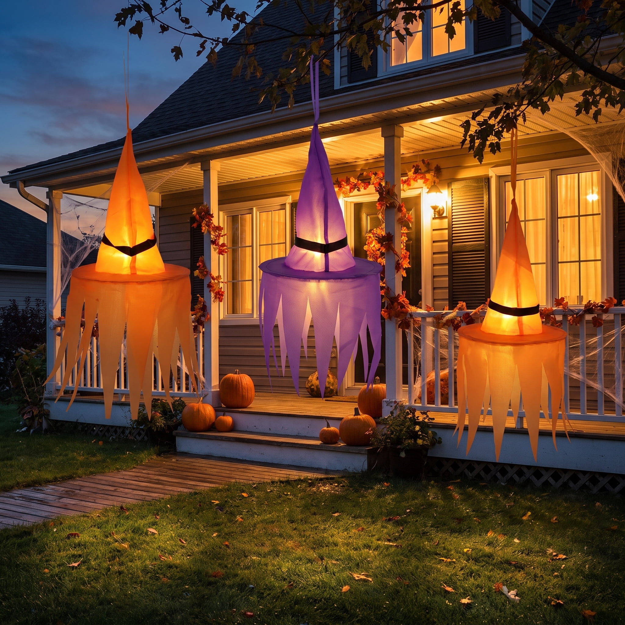 Light-Up Hanging Witch Hat Decorations, Orange and Purple, 6", 3 Count, Halloween by Way To Celebrate