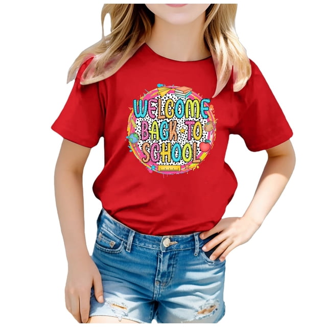 WEAIXIMIUNG Vêtements pour Enfants 9-10 Filles Mignons Enfants Saison de Rentrée Imprimé Graphique Col Rond Manches Courtes T-Shirt Décontracté d'Été
