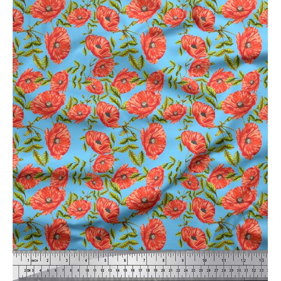 Soimoi Blue Poly Georgette Fabric Leaves & Floral Fabric Prints By Yard 42 Inch Wide