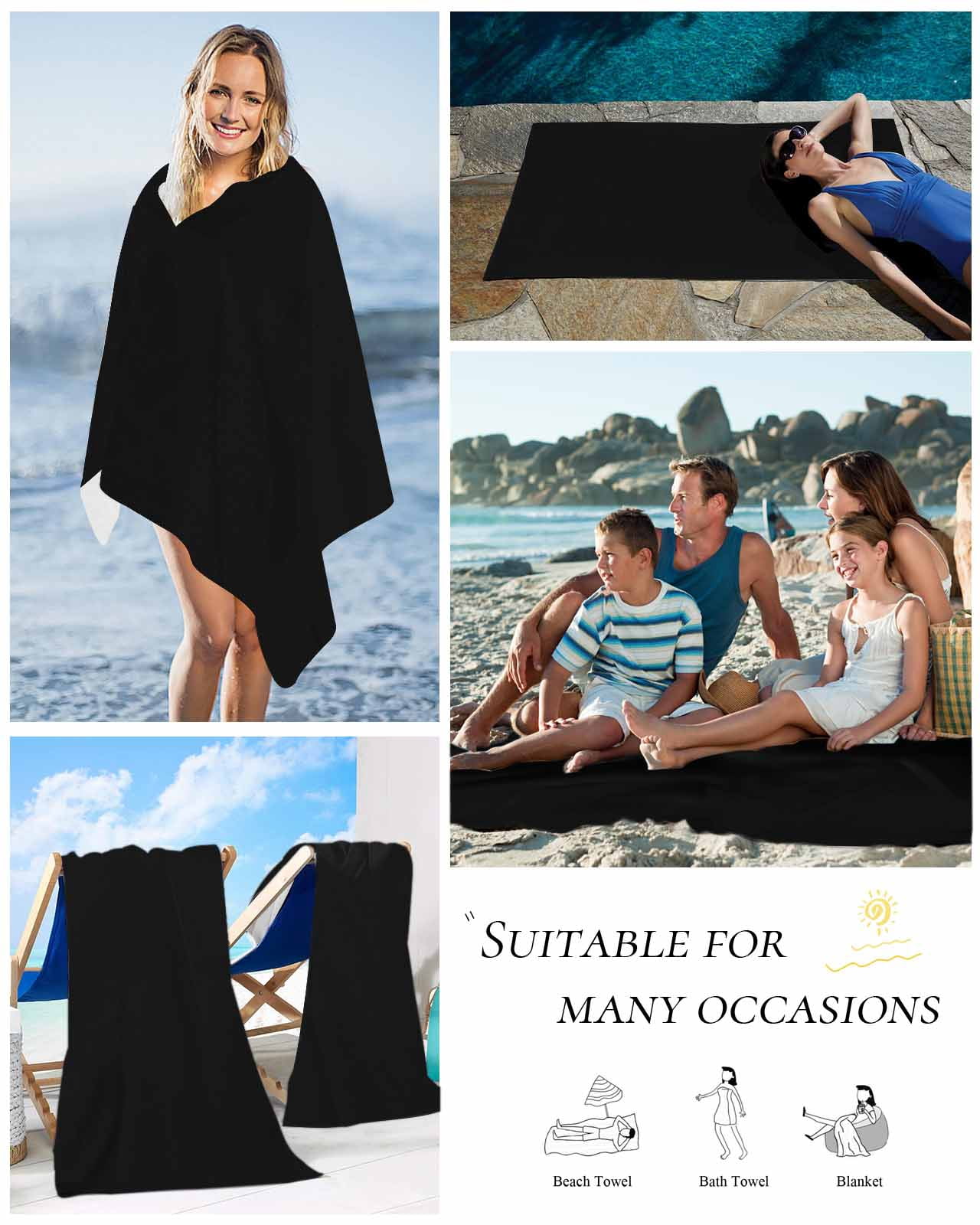 Black Beach Towels Oversized Super Absorbent, Solid Color Farmhouse Black Lightweight Bath Towel Quick Dry Sets For Bathroom/Pool/Rv Camping/Beach Play/Gym Room/Picnic 35"x70"