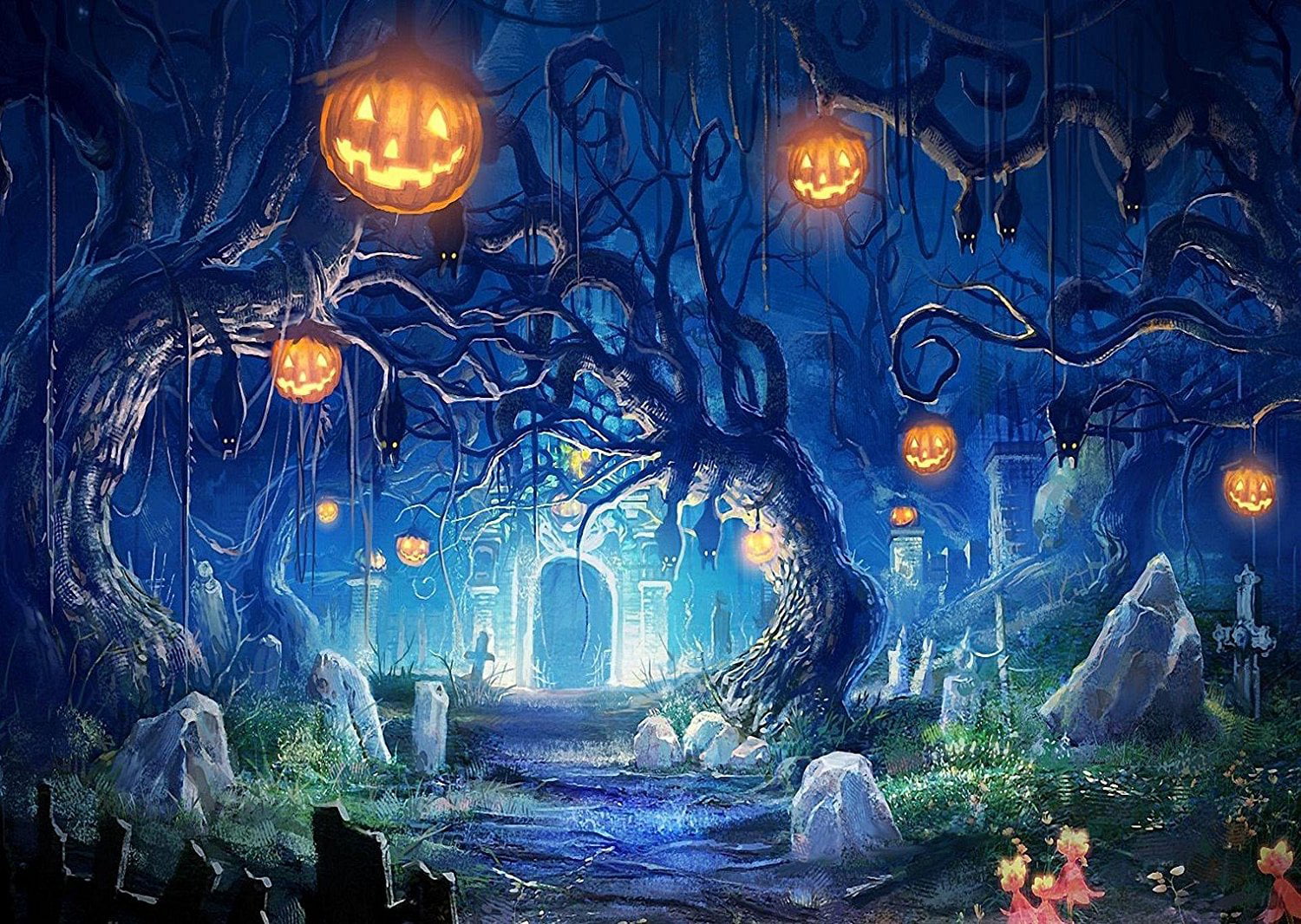 MOHome Polyster 7x5ft pumpkin cemetery enchanted forest tree backdrop