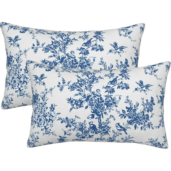 Blue and White Floral Throw Pillow Covers 12 x 20 Inch Set of 2 Navy Blue Watercolor Spring Flower Bird Decorative Lumbar Pillow Covers Chinoiserie Cushion Cover for Home Couch Sofa Bedding