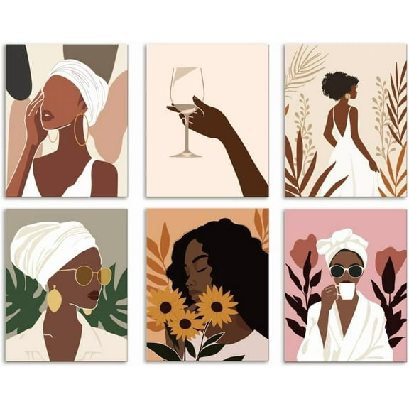 6 Pack African American Woman Unframed Waterproof Canvas Wall Art Decor 8" x 10" Boho Abstract African Lady Canvas Wall Poster