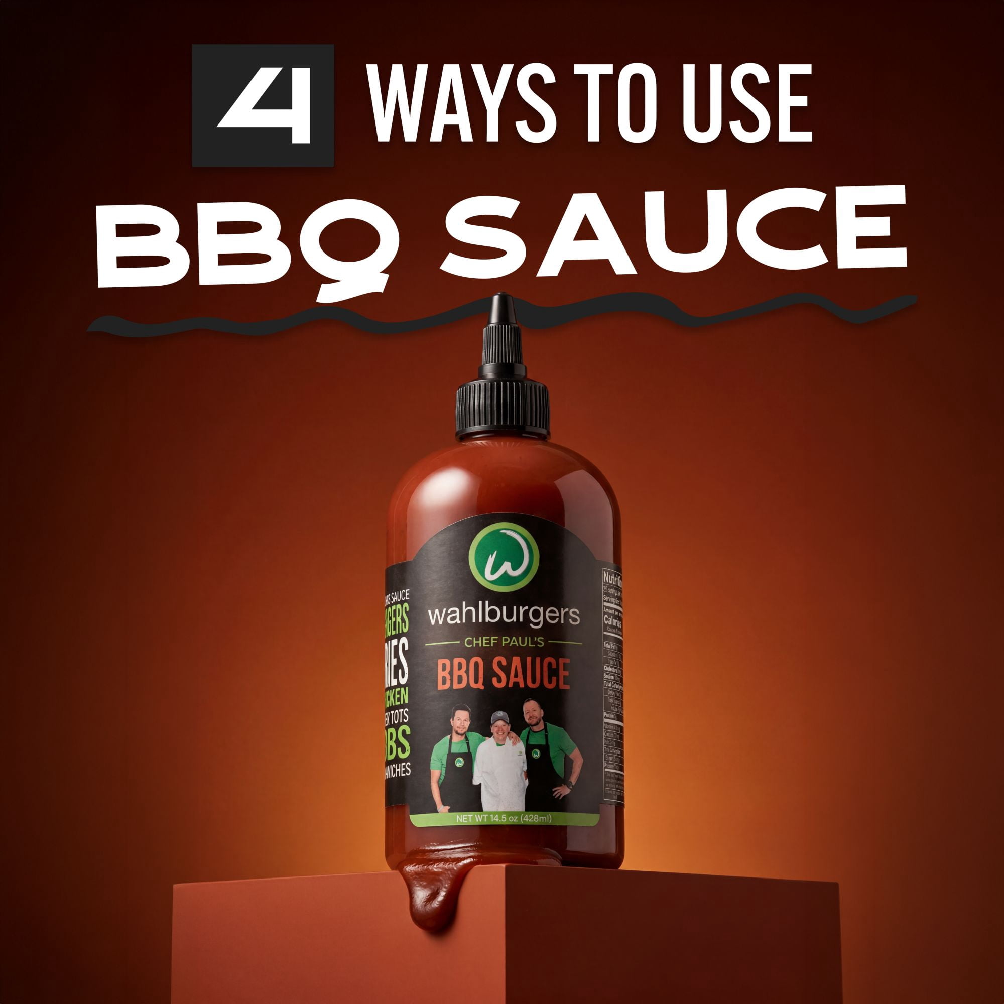 (3 pack) Wahlburgers BBQ Sauce, 14.5 oz, 12g Serving Size, Family Size, Squeeze Bottle
