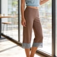 thumbnail image 7 of Costeam Womens Lace Trim Capri Pants Solid Color Straight Leg Elastic High Waist Casual Relaxed Fit Soft Breathable Cropped Trousers, 7 of 7