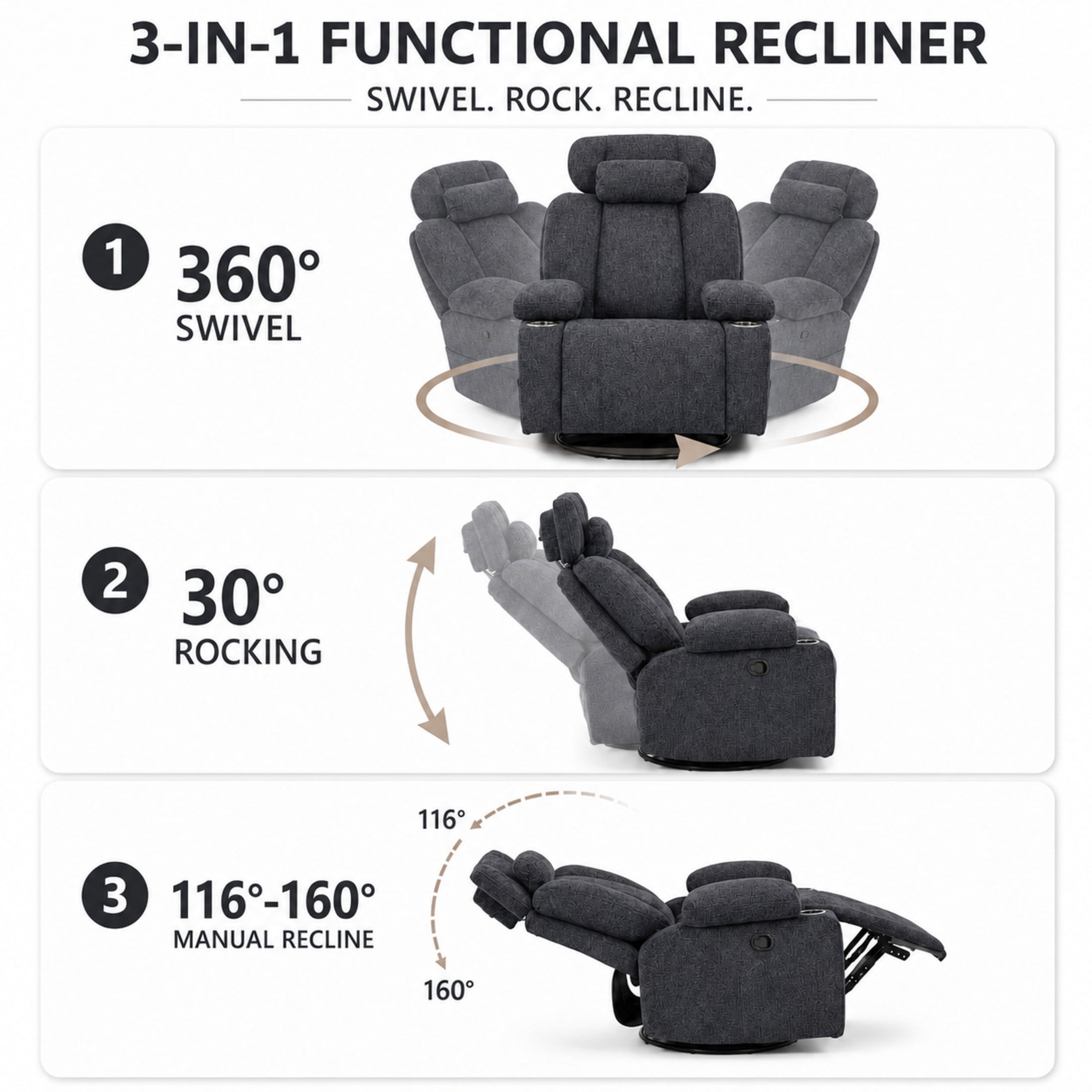 GDF Studio Turden 360° Swivel Manual Rocking Recliner with Detachable Neck Pillow, Versatile Lounge Chair, Dark Gray