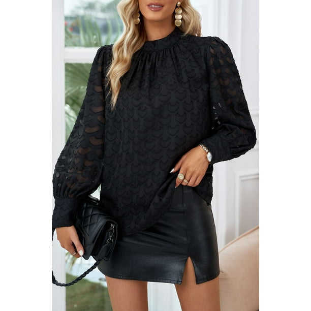 ABPHQTO Blusa negra con cuello alto y mangas acampanadas con cordones para mujer