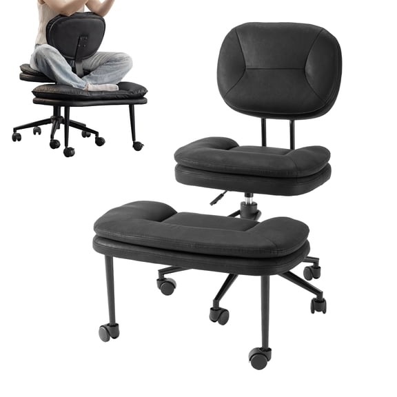 FOROUTIA Cross Legged Office Chair, 25.6 Inch Black Adjustable Ergonomic Cross‑Leg Desk Chair, 360° Swivel Rolling Meditation Chair for Meditation & ADHD, Armless