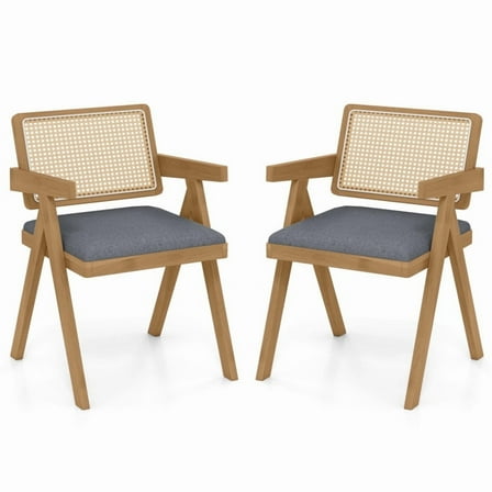 Set of 2 Rattan Accent Chairs with Padded Cushion and Rubber Wood Frame