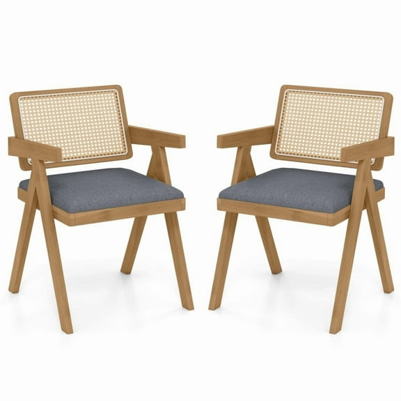 Set of 2 Rattan Accent Chairs with Padded Cushion and Rubber Wood Frame